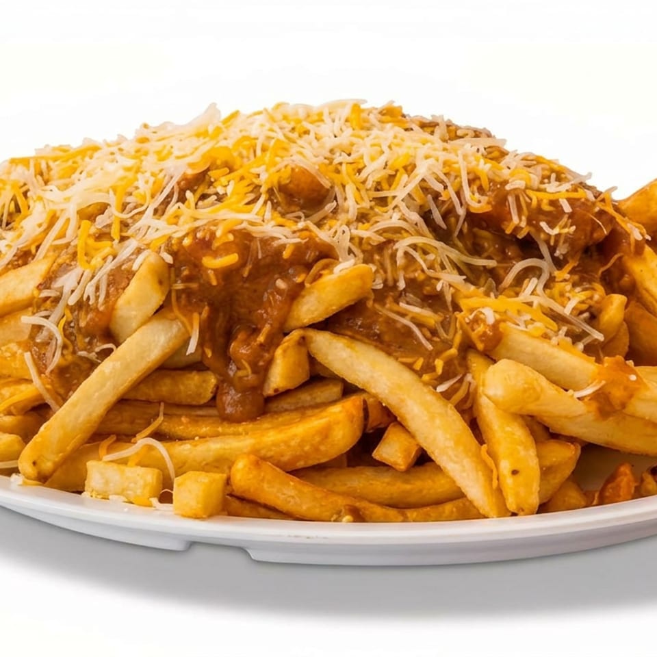 Plate of golden fries topped with savory brown gravy and shredded yellow and white cheese.
