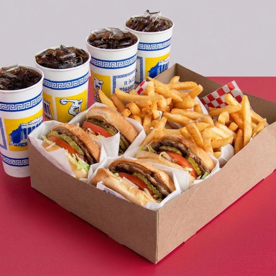 Takeout box filled with burgers and French fries, accompanied by four branded cups of cola on a red surface.